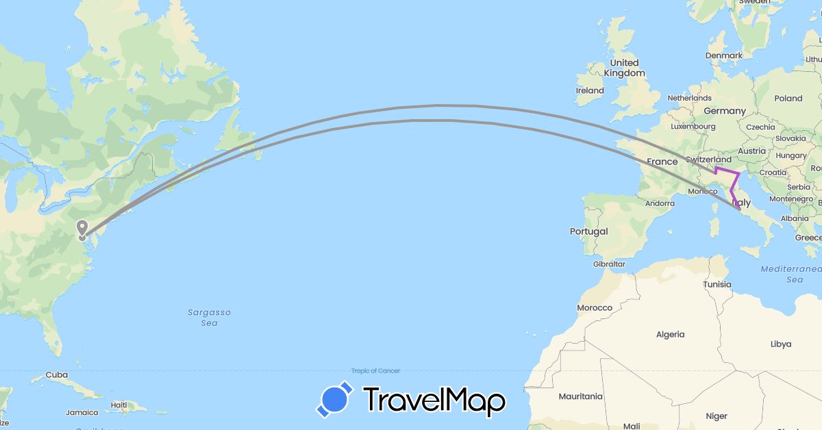 TravelMap itinerary: plane, train in Italy, United States (Europe, North America)